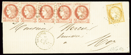 N°51, 2c rouge-brun en bande de 5 + n°59 OBL GC 4126 + T16 Vendeuil (2) sur lettre. TB