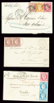 3 lettres : n°57 + 60 en paire OBL GC 324 + T17 "Barraux (37)" (1875). N°54 en paire OBL T17 "Rosières aux Salines (52)" (1875) sur lettre signé Calves. N°38 + 57 + 58 OBL T17 Bordeaux (1876), AFF tricolore sur lettre po
