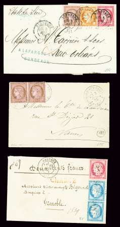 3 lettres : n°57 + 60 en paire OBL GC 324 + T17 "Barraux (37)" (1875). N°54 en paire OBL T17 "Rosières aux Salines (52)" (1875) sur lettre signé Calves. N°38 + 57 + 58 OBL T17 Bordeaux (1876), AFF tricolore sur lettre po