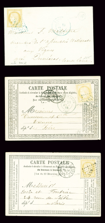 3 plis : n°59 OBL GC 1191 + T17 "Courthezon (86)" (1873) sur CP précurseur. N°59 OBL losange de points ambulant "ML 1°" + CAD "Marseille à Lyon 1°C" (1873) sur CP précurseur et n°55 OBL GC 1195 bleu + T17 "Courville (27)