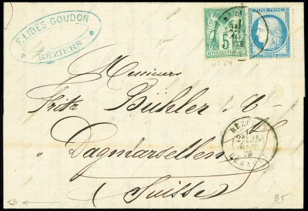 N°60 + 64, 5c Sage vert type 1 OBL T17 Béziers (1876) sur lettre pour la Suisse. AFF. composé Cérès-Sage. TB