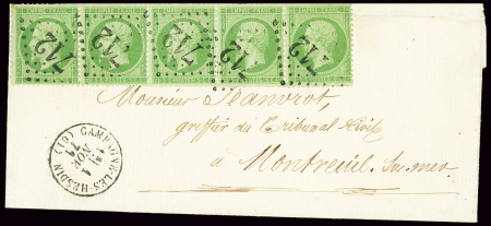 N°20, 5c vert, bande de 5, OBL GC 712 + T16 "Campagne-les-Hesdin (61)" (1 nov 71) sur lettre. TB