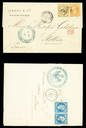 2 lettres : n°22 en paire OBL GC 3785 + T15 St Omer (1863) sur lettre de convocation chargée du tribunal de 1ère instance de Saint Omer et n°21 + 23 OBL GC 749 + T15 Boulogne-s-Mer (1867) sur lettre pour Stettin avec cac