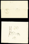 2 lettres : n°22 en paire OBL GC 3785 + T15 St Omer (1863) sur lettre de convocation chargée du tribunal de 1ère instance de Saint Omer et n°21 + 23 OBL GC 749 + T15 Boulogne-s-Mer (1867) sur lettre pour Stettin avec cac