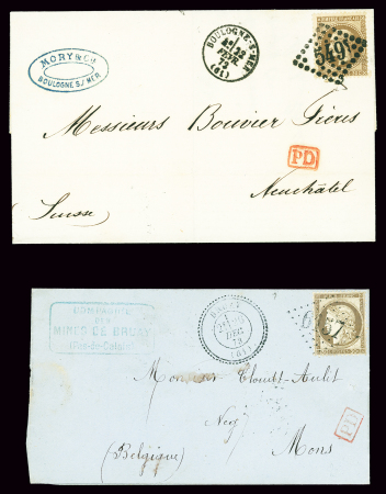2 lettres : n°30 OBL GC 549 + T16 Boulogne-s-Mer (61)" (1872) sur lettre pour Neufchâtel (Suisse) et n°56 OBL GC 6157 + T24 "Bruay (61)" (1873) sur lettre pour Mons (Belgique)
