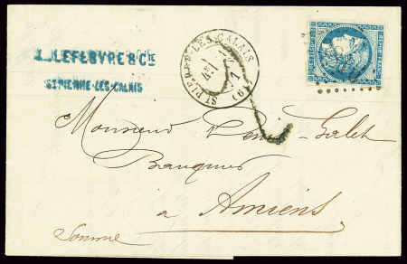 N°45 OBL GC 3816 + T17 "St Pierre-les-Calais (61)" (mars 1871) sur lettre pour Amiens avec taxe tampon 2 façon manuscrite (taxe allemande). TB