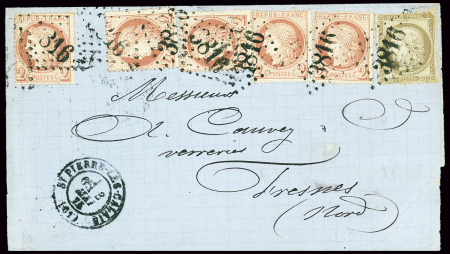 N°51, 2c brun-rouge, 5 pièces + n°56 OBL GC 3816 + T17 St Pierre les Calais (3 mai 1874) sur lettre pour Fresnes (Nord). TB