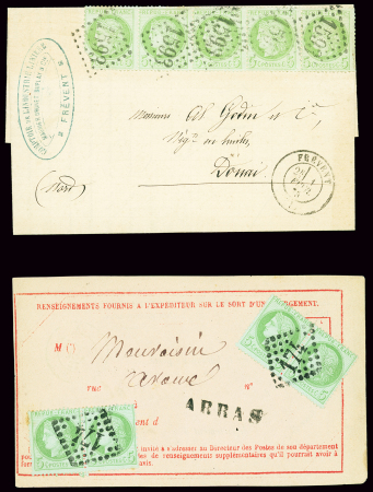 2 plis : n°53, bande de 5, OBL GC 1593 + T15 "Frevent (61)" (1875) sur lettre pour Douai et n°53, 2 paires, OBL GC 174 sur devant d'avis rose sur le sort d'un chargement (Arras 1872). TB
