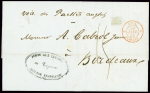 Lettre sans timbre avec cachet ovale noir "Poste aux lettres de Cayenne Guyane française" + taxe 15 manuscrite et CAD d'entrée rouge "2 angl 2 Calais" (1853) pour Bordeaux. Rare et TB