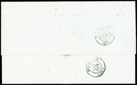 Lettre sans timbre avec cachet ovale noir "Poste aux lettres de Cayenne Guyane française" + taxe 15 manuscrite et CAD d'entrée rouge "2 angl 2 Calais" (1853) pour Bordeaux. Rare et TB
