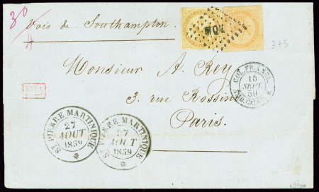 Colonies générales OBL losange de points "MQE" + CAD T14 "St Pierre Martinique" (1859) sur lettre pour Paris avec CAD d'entrée noir "Col. FR. Angl. Amb Calais K". TB