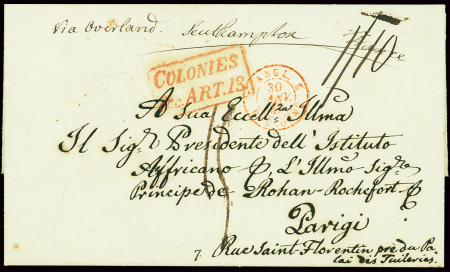 Lettre de Hong-Kong pour Paris avec cachet rect rouge "Colonies art 13" et cAD d'entrée rouge "2 angl. 2 Boulogne" (30 janv 1847). TB