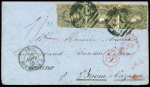 Victoria n°39, bande de 3 verticale OBL "25" sur lettre pour Locarno avec CAD d'entrée noir "Angl amb. Calais. D" (1862). TB