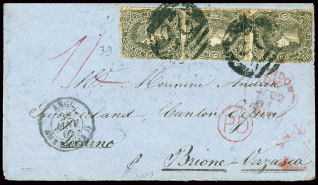 Victoria n°39, bande de 3 verticale OBL "25" sur lettre pour Locarno avec CAD d'entrée noir "Angl amb. Calais. D" (1862). TB