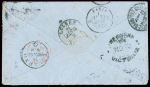 Victoria n°39, bande de 3 verticale OBL "25" sur lettre pour Locarno avec CAD d'entrée noir "Angl amb. Calais. D" (1862). TB