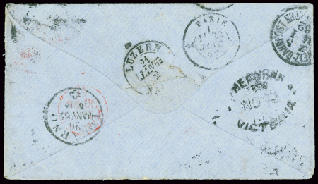 Victoria n°39, bande de 3 verticale OBL "25" sur lettre pour Locarno avec CAD d'entrée noir "Angl amb. Calais. D" (1862). TB