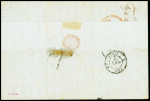 Lettre non affranchie datée de Port-Louis (Maurice) pour Nancy transportée par le voilier à vapeur anglais Hydaspes avec grand cachet ovale "Packet letter Mauritius" + taxe 15 tampon façon manuscrite et CAD d'entrée roug