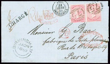 Grande-Bretagne n°18 OBL "75" sur lettre chargée de Birmingham (1859) pour Paris, entrée pour Calais. TB