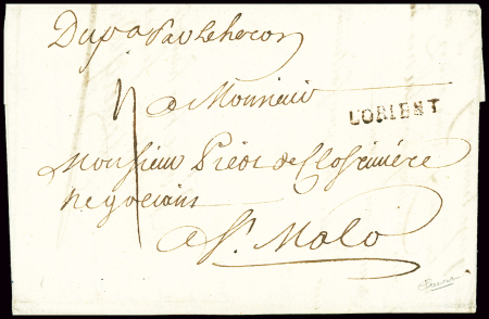 Lettre de l'Ile Bourbon (Réunion) pour Saint-Malo avec MP "Lorient" (1738 - L2 - 24mm) utilisée comme entrée maritime. TB