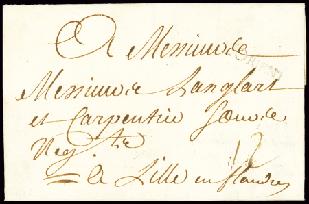 MP "L'Orient" (L3 - 26mm - 1745) utilisée comme entrée maritime sur lettre pour Lille. TB