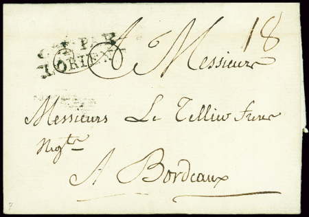 Lettre de l'Isle de France (Maurice) pour Bordeaux avec marque d'entrée "Col par Lorient" (L12 - 1785), ind 16. TB