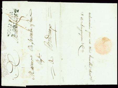 Lettre de Port au Prince pour Bordeaux avec marque d'entrée "Col par Lorient" (1790 - L12) et au verso mention manuscrite "acheminée par vos très humbles serveurs A. Longayrou & Cie", ind 16+. TB