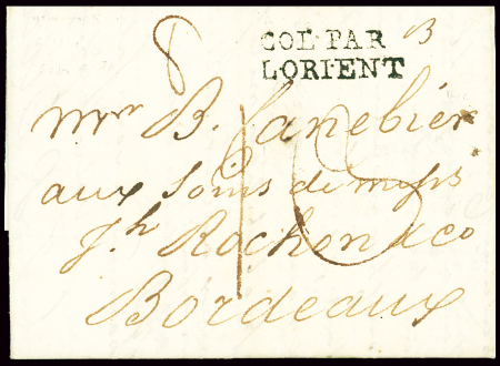 Lettre de New-York pour Bordeaux pendant le blocus continental avec MP "Col par Lorient" (L n°12, 1814), ind 16. Jolie frappe