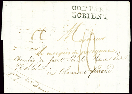 Lettre de Guyane (Cayenne) pour Clermont-Ferrand avec MP d'entrée "Col par Lorient" (1817 - ind 16) + taxe 10 manuscrite. TB