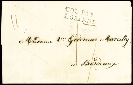 Lettre de Pointe à Pitre pour Bordeaux avec MP d'entrée "Col par Lorient" (L n°12 - 1826) avec entaille de purification, ind 16. TB