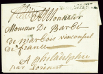 Lettre de Lorient pour Philadelphie transportée par le paquebot "Courrier de l'Europe" avec MP "Paq Lorient" (1786 - L n°13), ind 29. Très rare