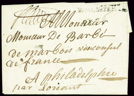 Lettre de Lorient pour Philadelphie transportée par le paquebot "Courrier de l'Europe" avec MP "Paq Lorient" (1786 - L n°13), ind 29. Très rare
