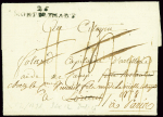 Lettre de Montélimart pour Lorient (An 6) réexpédiée à Paris avec au verso MP "54 L'Orient" (33x12mm) utilisée comme déboursé. TB