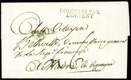 Lettre du Cap (Saint-Domingue) pour le représentant du gouvernement français à Madrid avec MP "Colonies par Lorient" (An 11 - Salles n°58), ind 20. TB