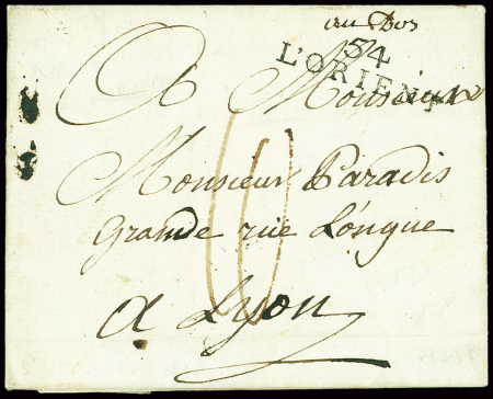 Lettre de saint-Pierre (Martinique) pour Lyon (1808) avec MP d'entrée maritime "54 L'Orient" (période du blocus). TB
