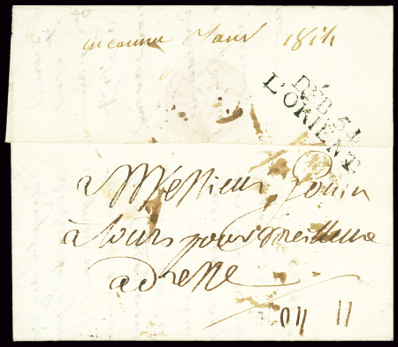 Lettre avec MP "Deb 54 L'orient" (1814 - 32mm) au verso d'une lettre, ind 16. TB