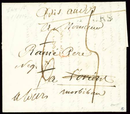 Lettre avec MP "Deb 54 L'orient" (1814 - 32mm) au verso d'une lettre, ind 16. TB
