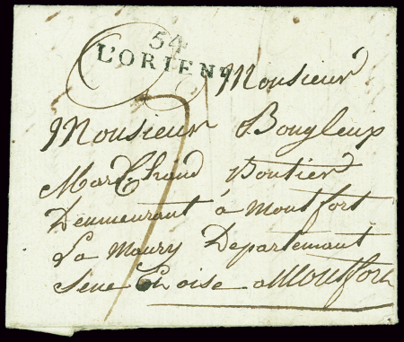 Lettre d'un bagnard de Lorient (ouvert de 1796 à 1830) avec MP "54 L'Orient" (1822 - 35x10mm) adressée à Montfort l'Amaury. TB