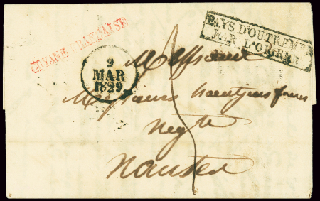 Lettre de Cayenne (1829) pour Nantes avec marque rouge "Guyane Française" + MP encadrée "Pays d'Otremer par L'Orient" + dateur "A" (9 mars 1829 - Salles n°102), ind 19. TB