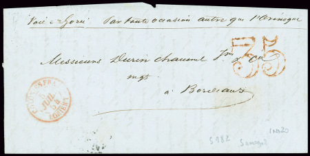 Lettre du Sénégal pour Bordeaux avec CAD d'entrée rouge "Colonies fra Lorient" (5 juil 54) + taxe double-trait 35 rouge (Salles n°102), ind 20. TB