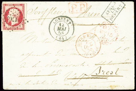 N°17, 80c carmin OBL PC 1761 + T15 Lorient (1858) sur lettre pour le navire La Persévérente à Valparaiso, réexpédiée à Brest avec CAD d'entrée rouge "Outre-mer Le Havre". TB