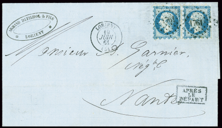 N°14, paire avec piquage Susse (l'exemplaire de droite avec défaut) OBL PC 1761 + T15 Lorient (19 juin 61) sur lettre pour Nantes. Rare et TB