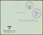 Lettre de Lorient avec en-tête "organisation Todt Einsatzgruppe West" + CAD "Feldpost" (31.8.43) + cachet violet avec aigle "Dienststelle Feldpostnummer 40260". TB