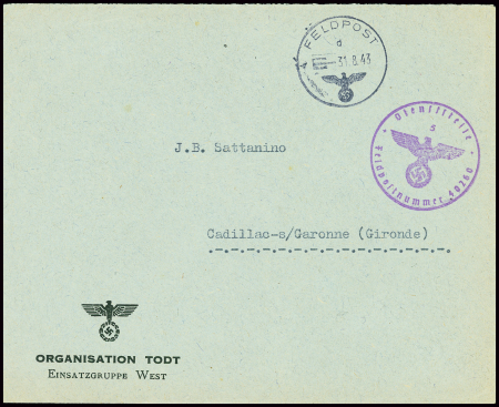 Lettre de Lorient avec en-tête "organisation Todt Einsatzgruppe West" + CAD "Feldpost" (31.8.43) + cachet violet avec aigle "Dienststelle Feldpostnummer 40260". TB