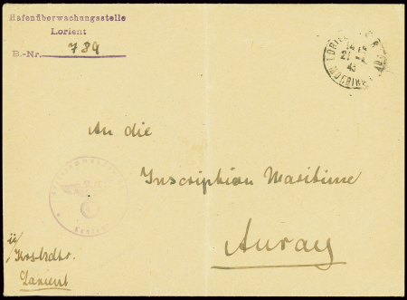 Lettre en franchise avec CAD "Lorient entrepôt" (1943) + griffe violette "Hafenuberwachungsstelle Lorient". TB