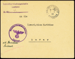 Lettre en franchise avec CAD "Lorient entrepôt" (fev 1944) + griffe violette "Hafenuberwachungsstelle Lorient" + cachet violet avec aigle "Standortkommandantur Lorient". TB