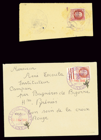 N°517 surhargé "Festung Lorient" OBL grand cachet violet "Festung Lorient zensur" (22.2.1945) sur lettre pour Bagneres de Bigorre. Est joint un fragment AFF idem avec cachet de la mairie de Guidel. TB