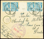 N°549, 50c Mercure, 4 pièces surchargées "Festung Lorient" OBL CAD "Feldpost" (23.2.45) sur lettre incomplète pour un travailleur français en Allemagne. TB