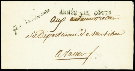 Lettre écrite et signée par le général Vergnes au QG de Nantes le 16 août 1793 adressée à Vannes avec marques "Armée des côtes" et marque cursive "Gl arm des côtes". TB