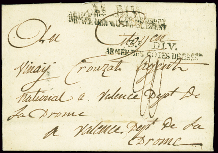 Lettre d'Auray (8 thermidor An 3) relatant la défaite des Chouans à Quiberon le 3 Thermidor avec marque "3e div armée des côtes de Brest". TB