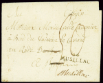 Lettre adressée à un marin déserteur du vaisseau Le Cassard réexpédiée avec MP "54 Mussillac" et au verso mention manuscrite "déserté et allé chez Luy à Musillac". TB